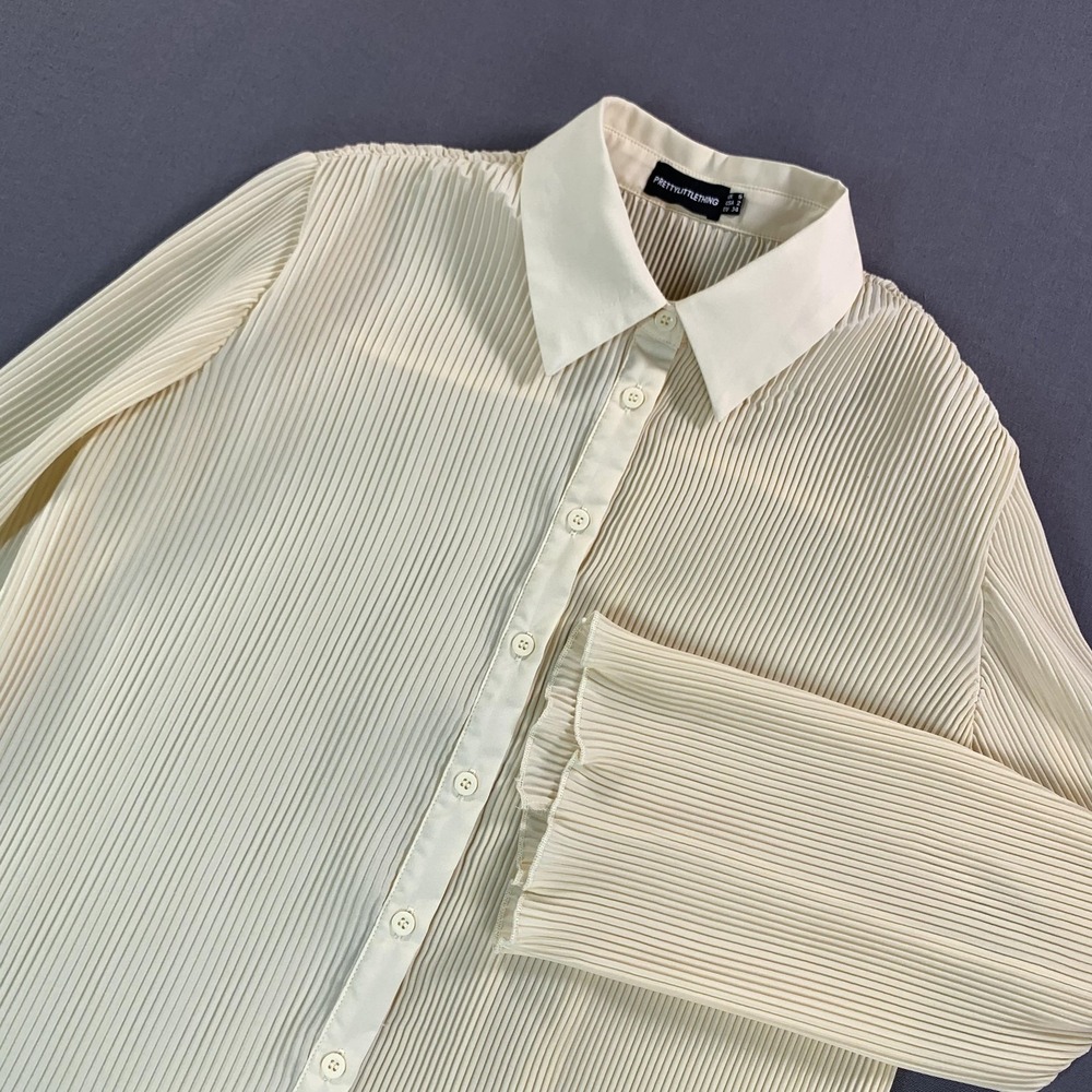 PrettyLittleThing Button Up Shirt Womens 2 Cream Pleated Sheer Tunic Top